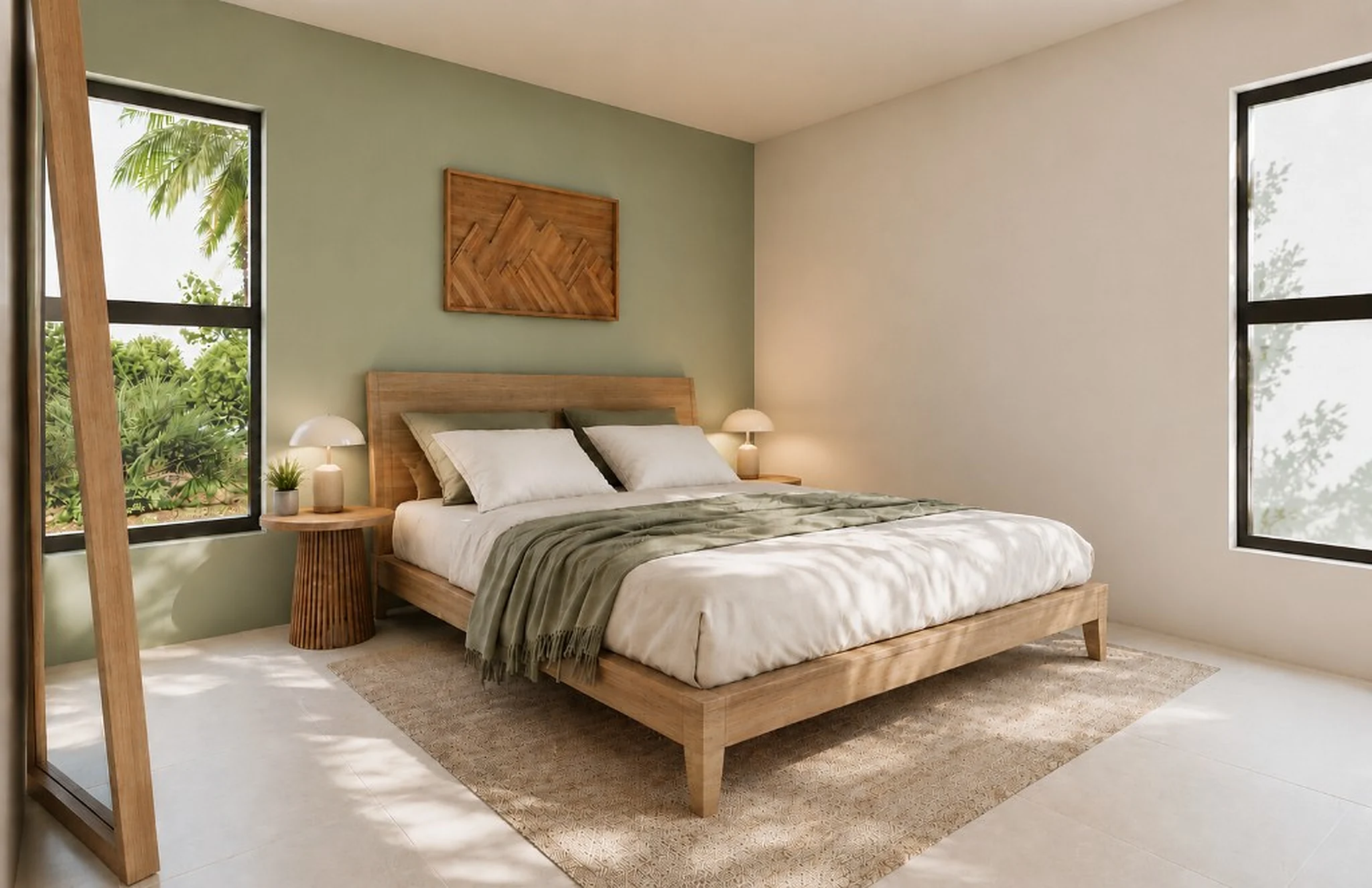 Serenity Residence 1st floor apartment — bedroom with sage accents